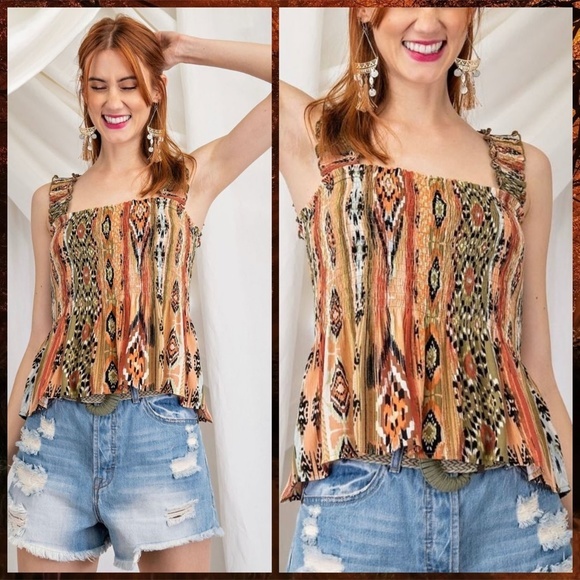 EASEL Smocked Fitted Stretchy Sleeveless Bodice W/Pleated Peplum Aztec Print Top - Picture 8 of 16